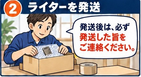 ライターを発送:発送後は必ず発送した旨をご連絡ください